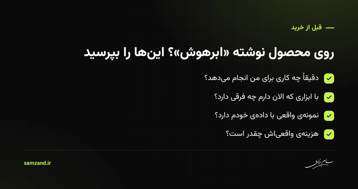چک‌لیست قبل از خرید محصولی که می‌گوید ابرهوش: دقیقاً چه کاری می‌کند، با چه چیزی فرق دارد، نمونه‌ی واقعی، هزینه‌ی واقعی